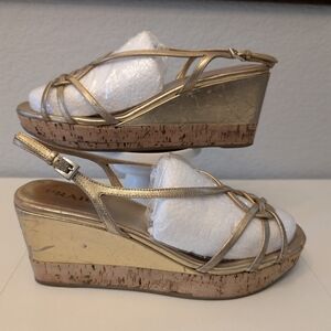 Prada Gold Metallic Leather Strappy Cork Platform Wedge Sandals Size 39.5 Italy